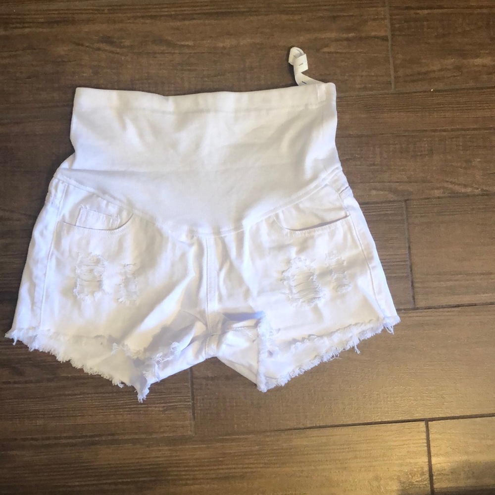 White denim maternity shorts